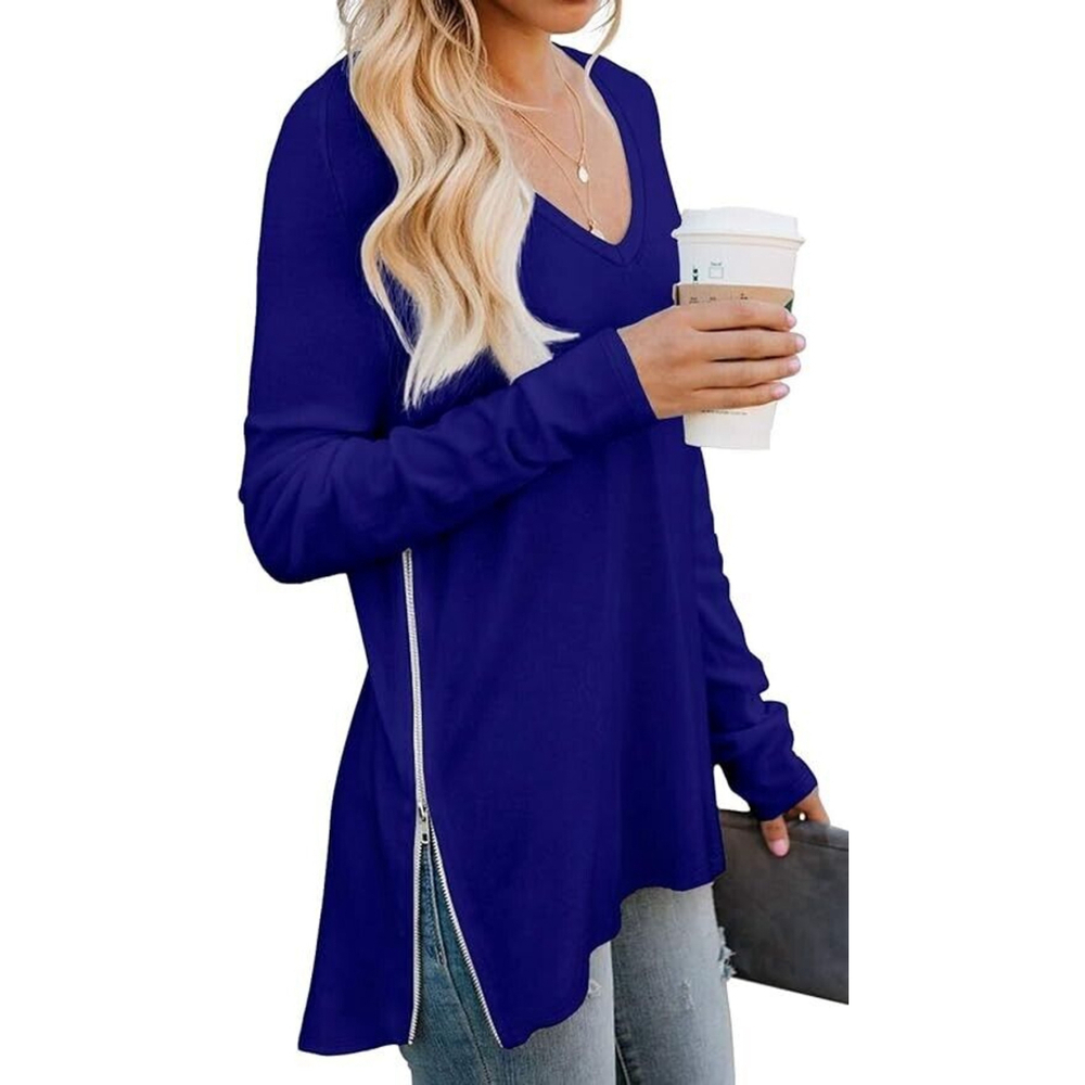 Causal V-Neck Soft Sweatshirts Top Side Zipper in Royal Blue Size 2XL